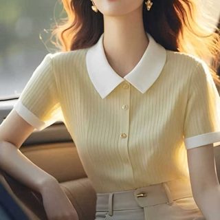 短袖上衣 翻領上衣 短袖針織衫 流行漂亮上衣夏季新品翻領短袖拼色坑條薄款百搭針織開衫TBF07.11432