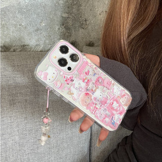 卡通 拼貼插畫滿屏Kitty貓 配掛件 全包防摔保護套 iPhone 16 Pro Max 15 14 13 手機殼