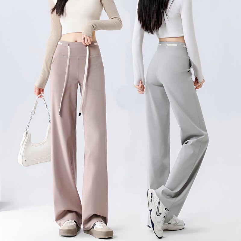 M-3XL 高腰闊腿褲 加長版鯊魚褲女 春秋寬鬆直筒休閒褲 抽繩女運動長褲 休閒長褲女生 帶口袋鯊魚褲 女生褲子加大