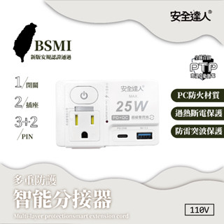 【居家cheaper】PTP強效防火 按壓式1開2插3P+2P PD 25W USB插座 R-81P25LC QC閃充