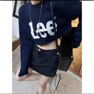 （二手） 韓國 LEE 字母LOGO 短版毛衣 露肚臍上衣 針織衫 針織毛衣 長袖 上衣 女款