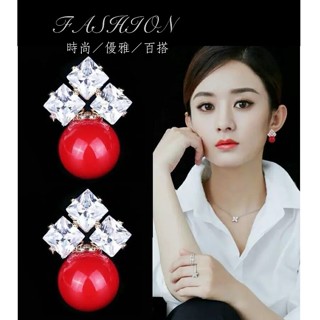 《GoGoLer購購樂》梨花HaNA韓國情人方鑽紅.白珍珠鋯石耳環.時尚名媛氣質百搭優雅配件