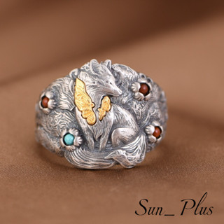 Sun Plus 臺灣現貨 千葉H款 《九尾靈狐》戒指 泰銀狐狸戒指 復古九尾靈狐銀指環 個性設計誇張食指戒子 戒指