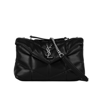 YSL Puffer Toy 銀字縫線小羊皮迷你翻蓋鍊包(黑色) 759337 1EL00 1000