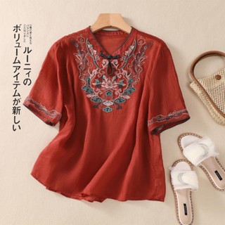 大碼女裝 民國風 繡花工藝圓領小衫女款 夏季復古風 刺繡盤扣 旗袍棉麻上衣 新中式 休閒慵懶 顯瘦百搭短袖T恤
