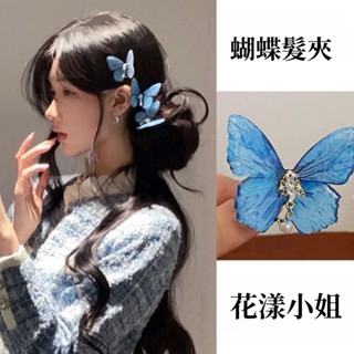 花漾小姐✨ 超仙復古藍色蝴蝶邊夾髮夾 髮夾 女生髮夾 蝴蝶髮夾 抓夾 女生抓夾 頭飾 髮飾 夾子頭飾 高階感 冷淡風