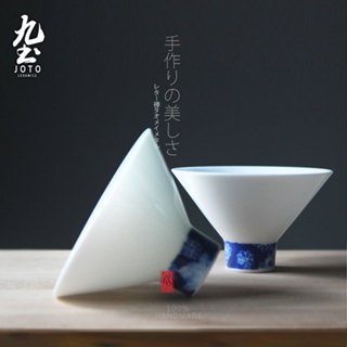 九土手繪青花高腳斗笠杯中國風品茗杯功夫茶杯日式茶道配件景德鎮茶杯子建盞茶盞品茗杯仿古杯主人杯個人杯聞香杯XCBR0018