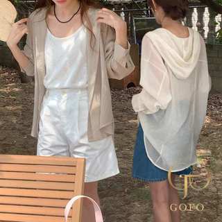 GOFO 防曬襯衫 韓系穿搭 顯瘦 性感微透 連帽防曬衫 長袖襯衫 素面雪紡衫 女生 女裝 夏季服飾 夏天衣服 日系女裝