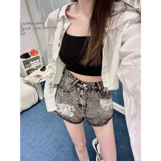 長腿必備✨2119 造型刷潑潑漆修腿褲中腰牛仔短褲顯瘦牛仔褲灰黑色牛仔短褲灰黑色短褲美式街頭短褲潑漆短褲個性短褲