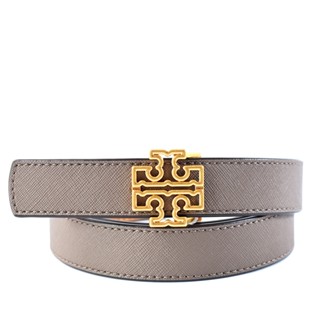 TORY BURCH 金屬鏤空LOGO防刮雙面用窄版皮帶-灰/棕 【美國正品現貨】