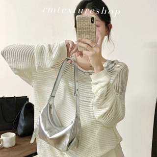 〖R&M 〗實拍現貨 韓系牛角包包 銀色包包 斜揹包 肩揹包 側揹包 大容量包包 腋下包 水餃包 單肩包 手提包 旅行包