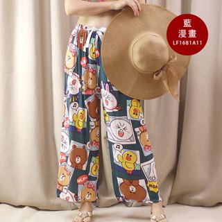 LF 1681 人棉 棉綢 九分褲 海灘褲 家居褲 睡褲 波西米亞 度假 女裝 春夏 寬鬆 阿美氏 民族風 藍漫畫