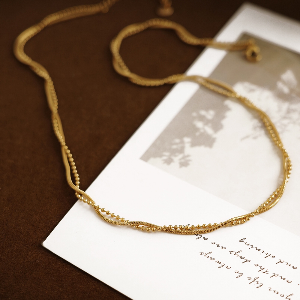 [鈦鋼.項鍊]交錯的浪漫【UME】圓蛇骨鍊交錯圓珠鍊 洗澡可戴 不退色項鍊 鈦鋼鍍18K金