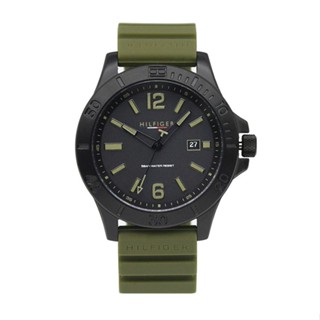 Tommy Hilfiger 黑框 黑麵 軍綠矽膠錶帶 運動風腕錶 日期視窗 46mm 手錶 1791992