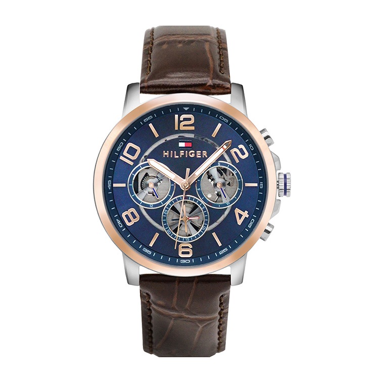 Tommy Hilfiger 玫瑰金+銀框  玫瑰金刻度 壓紋皮革錶帶 三眼日期顯示腕錶 44mm 手錶 1791290