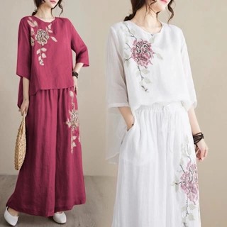 棉麻復古刺繡套裝女夏季套頭短袖輕薄闊腿褲顯瘦上衣褲子兩件套裝