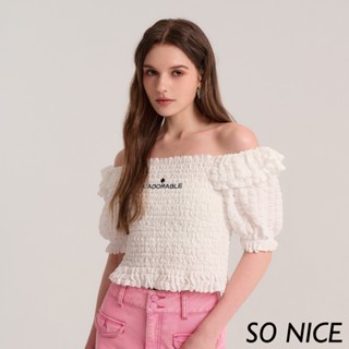 SO NICE【特惠】字母方領打攬荷葉袖立體泡泡布上衣｜都會時尚女裝 【75431028】