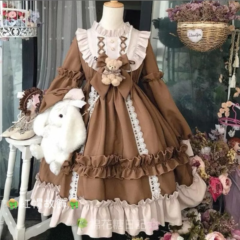 👒紅帽故飾👒 現貨 蘿莉塔洋裝 藍/咖兩色 童話風 茶會 公主裙 lolita 蘿莉塔 洋裝 日系洋裝 大裙擺 大尺碼