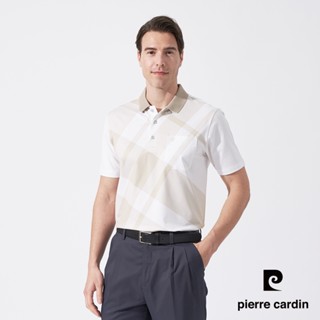 【pierre cardin 皮爾卡登】男款 吸濕排汗胸前斜格印花合身版短袖polo衫-卡其色 (5247207-84)
