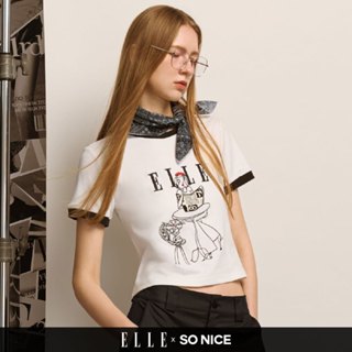 SO NICE 插畫女伶刺繡撞色短版抗曬涼感上衣｜白/紅｜ELLE聯名｜都會時尚女裝【5853E002】