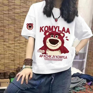 【韓綉坊】100%純棉T恤女 夏季新款印花小熊顯瘦遮肉半袖T恤女 大尺碼女裝 短袖t恤 短袖上衣 氣質上衣 設計感上衣