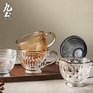 九土戲陶復古浮雕玻璃早餐杯碗日式玻璃杯帶把家用簡約早餐杯碗水果復古咖啡杯大容量燕麥牛奶杯麥片粥碗冷飲果汁杯CJR0483