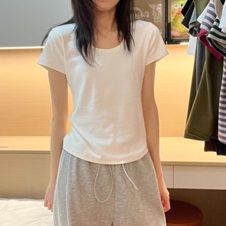 ROOLRREN 大碼 純棉 短袖T恤 U領上衣 彈力 修身上衣 顯瘦上衣 素色 基礎款上衣 寬鬆 夏天衣服 衣服女