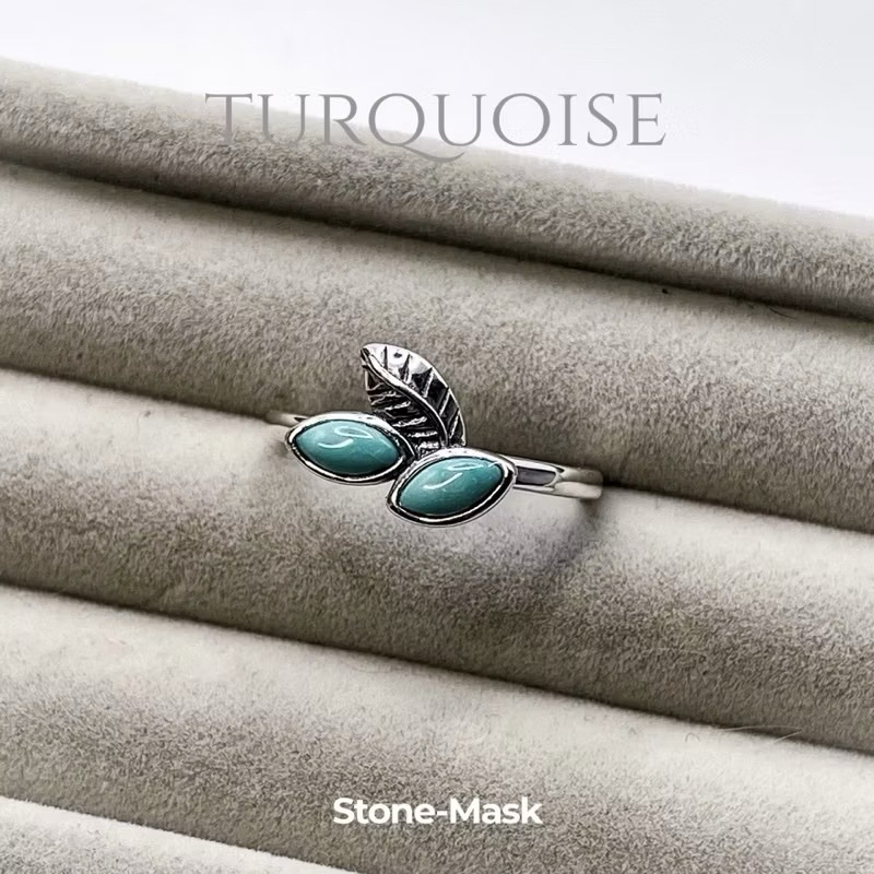石鬼面🔅天然 綠松石 葉型 水晶 復古 純銀戒 Tqs-06
