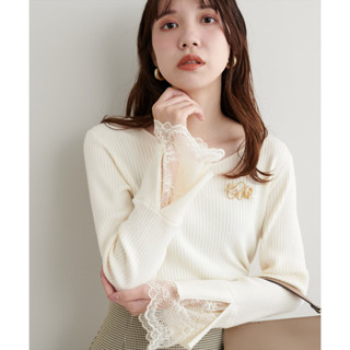 natural couture 日本專櫃正品 米白色 2WAY前後兩穿蕾絲拼接袖口羅紋針織長袖上衣