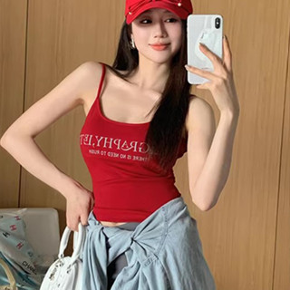 【桃園現貨⭐辣妹背心】 美式甜辣風字母印花吊帶背心女夏季新款修身無袖打底外穿短款上衣