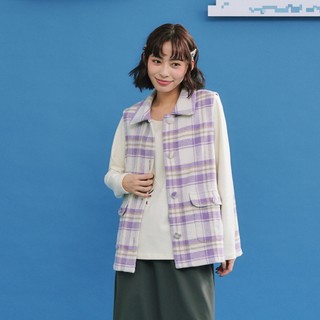 【Dailo】大口袋格紋毛呢背心 綠 紫