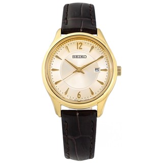 SEIKO 精工 / 放射狀錶盤 藍寶石水晶玻璃 日期 壓紋真皮手錶 銀白x金框x深褐色 / SUR478P1/30mm
