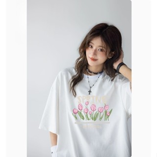 純棉寬鬆短袖 夏季T恤女 純棉T恤 短袖T恤女 鬱金香印花 短T 透氣舒適 大尺碼女生上衣 短袖 XH