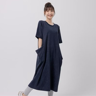 a la sha 【全新、深藍S】 紮染打摺大口袋短袖洋裝👗
