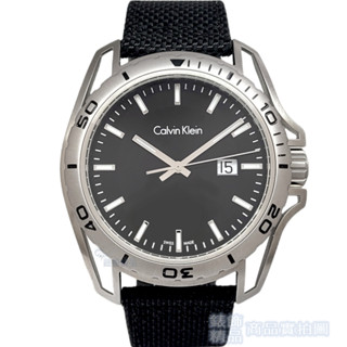 Calvin Klein CK K5Y31TB1手錶 旋轉計時錶框 日期 黑麵銀框 黑帆布皮帶 石英錶 男錶【澄緻精品】