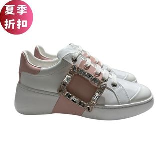 Roger Vivier 女款 Viv’ Skate Strass 鑽扣牛皮運動鞋 白色配粉色