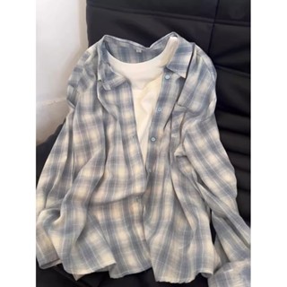 REOY 格子襯衫女 防曬外套 夏季 寬鬆 長袖上衣 休閒 寬鬆 開衫上衣 襯衣開衫