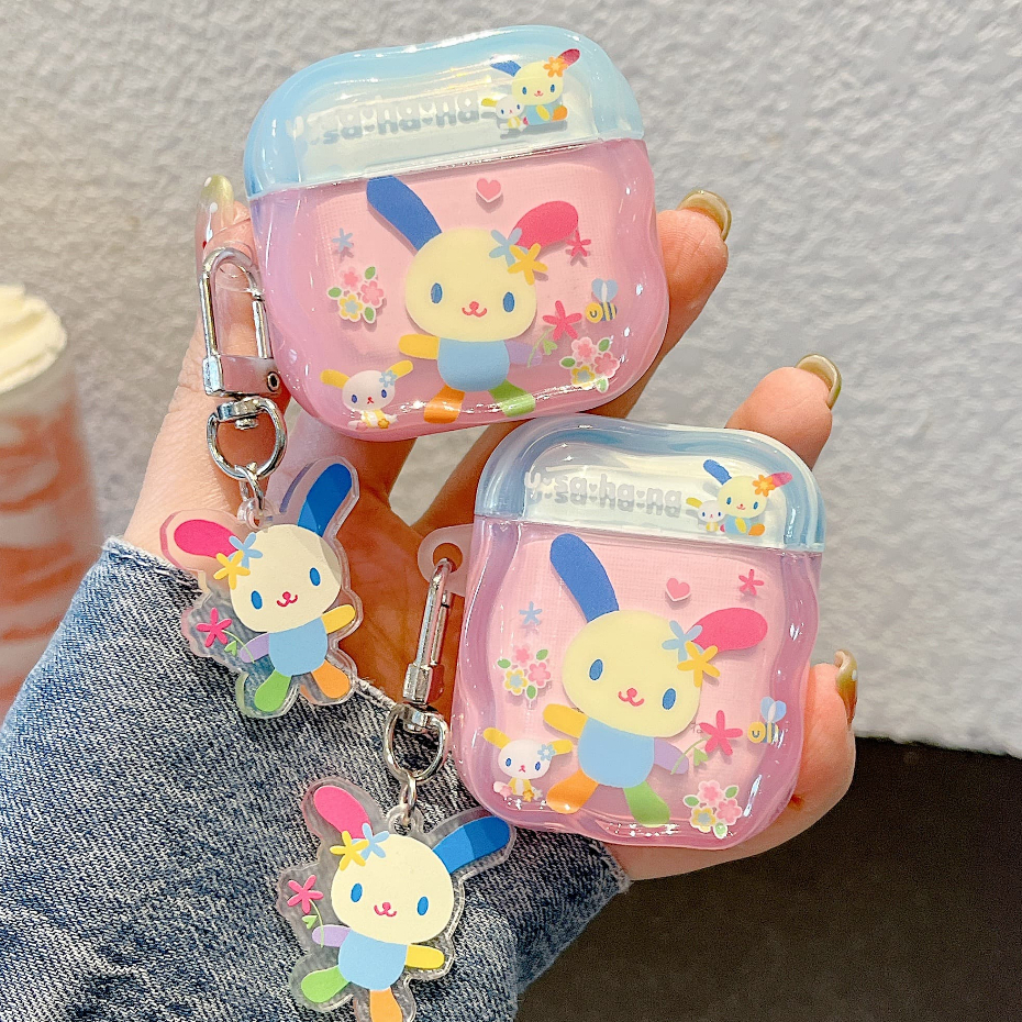 可愛卡通 花小兔 配掛件 適用蘋果airpods pro3代 1/2代 3代 4代 pro2代 藍牙耳機保護殼 硬殼防摔