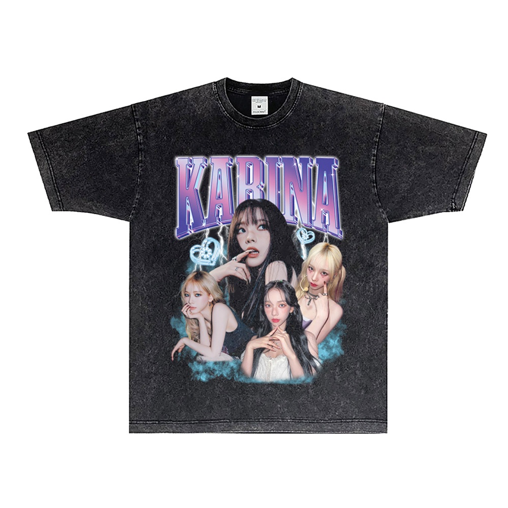 aespa 劉知珉 水洗做舊 短袖 T恤 純棉短袖t落肩短袖T恤 夏潮牌寬松落肩袖純棉青年運動上衣