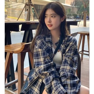 ROOLRREN 襯衫女 格紋襯衫 長袖上衣 薄外套 寬鬆上衣 開衫 防曬上衣 復古 外套上衣 法式襯衫 夏天衣服