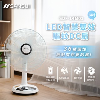 【SANSUI 山水】14吋無線充電式驅蚊DC扇 (充插兩用) 無線風扇 最長續航100小時 SDF-14M01