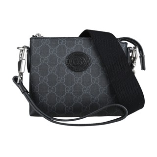 GUCCI INTERLOCKING皮標雙G字母LOGO滿版印花設計塗層帆布邊飾牛皮拉鍊手拿斜揹包(迷你/黑灰)