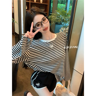 【KIKIFAME】🖤質感蝴蝶結刺繡條紋露背上衣 休閒短褲 長袖t恤 條紋上衣 寬鬆上衣 套裝 兩件套 運動褲 條紋T