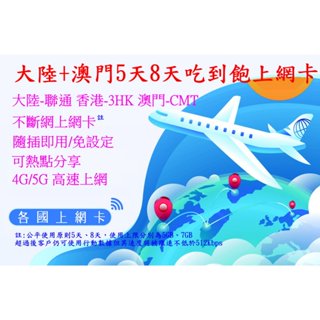 【君媛小鋪】香港聯通 中港澳 大陸 香港 澳門 5G上網絡卡 3天 5天 8天 15天 30天 總量型網絡卡 吃到飽 免翻牆