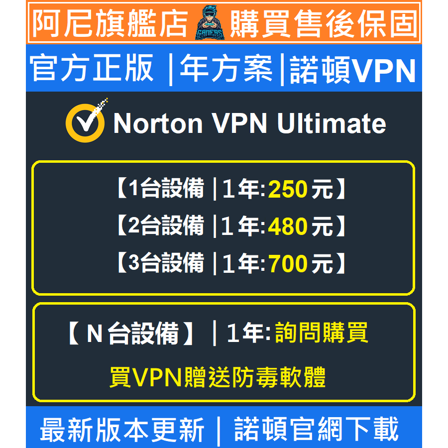 絕對正版Norton VPN Ultimate 贈送防毒軟體基本防護 多國可選擇切換 穩定使用 無限重灌轉移