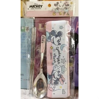 正版﹝Disney﹞授權※Mickey米老鼠/米奇&Minne米妮※【湯匙+筷子+餐具套】潛水布不銹鋼餐具組
