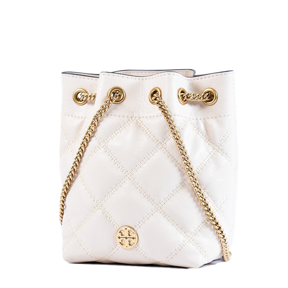 TORY BURCH WILLA 菱格紋肩背/斜背鍊帶二用水桶包-香草白/迷你款 【美國正品現貨】