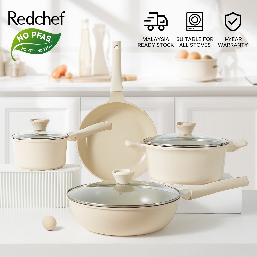 紅廚Redchef 陶瓷岩不沾鍋具組28CM煎炒鍋+24CM平底鍋+24CM湯鍋+16CM泡麵鍋IH電磁爐適用