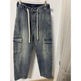 [Wuwa Jeans] 中性棉繩伸縮刷色大口袋大直筒牛仔褲 黑/藍2色