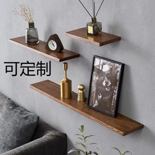 免運🚛隔闆置物架實木無痕書架掛墻壁架原木香樟木層闆背景墻藝術鞋包架